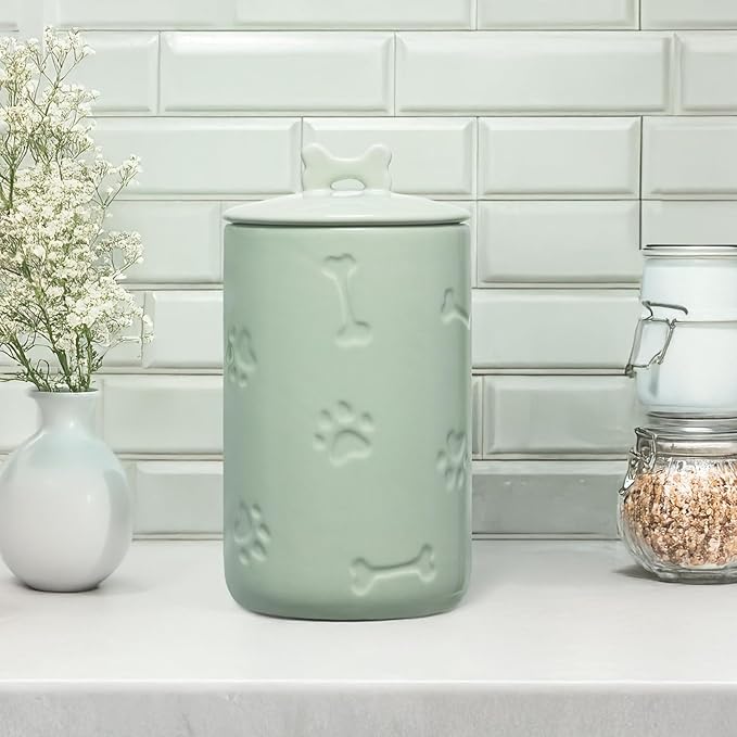Dog Treat Container Airtight - 9"x5" Green Large Ceramic Dog Treat Jar for Kitchen Counter, Dog Cookie Jar with Lid - Farmhouse Style Dog Food Storage Container for Dogs, Cats, Pets
