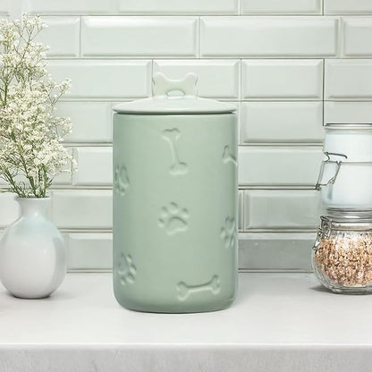 Dog Treat Container Airtight - 9"x5" Green Large Ceramic Dog Treat Jar for Kitchen Counter, Dog Cookie Jar with Lid - Farmhouse Style Dog Food Storage Container for Dogs, Cats, Pets