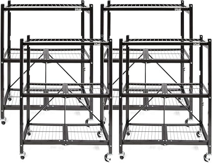 Origami 4-Pack General Purpose Foldable 3-Tier Shelf Storage Rack & Wheels, R3, Black