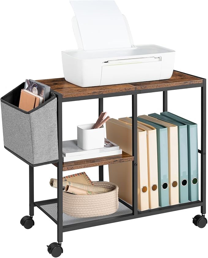 Printer Stand with Storage Bag, 3-Tier Mobile Under Desk Printer Cart with Wheels, Wood Rolling Printer Table, Organizer Shelf for Study, Office, Living Room, Rustic Brown PTHR2201