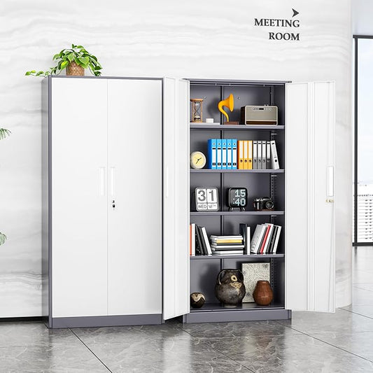 INTERGREAT Metal Storage Cabinet, 72” H Storage Cabinet with Doors and Adjustable Shelves for Office, Home, Garage, Pantry (Assembly Required, Grey White)