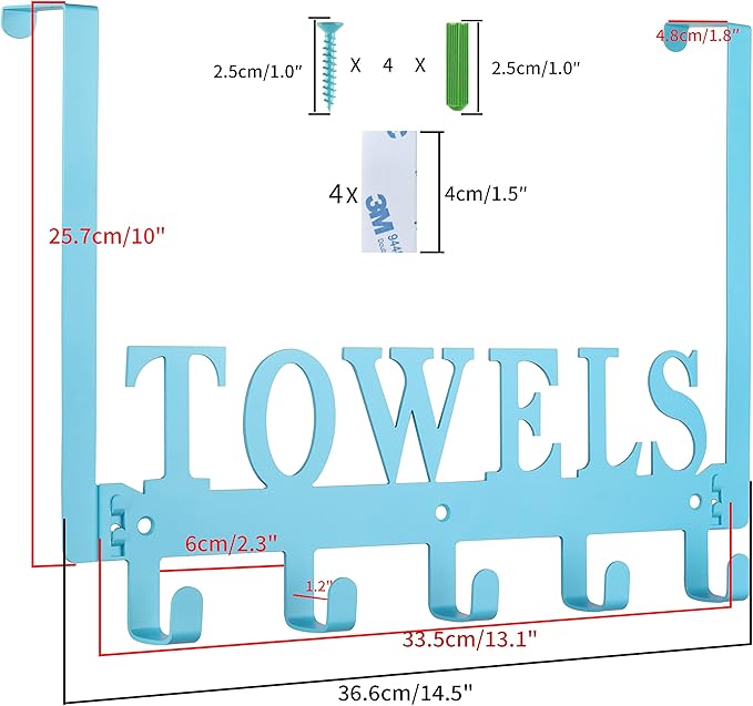 Over The Door Towel Holder - Hooks & Rack for Bathroom, Robe & Beach Towels (Blue)