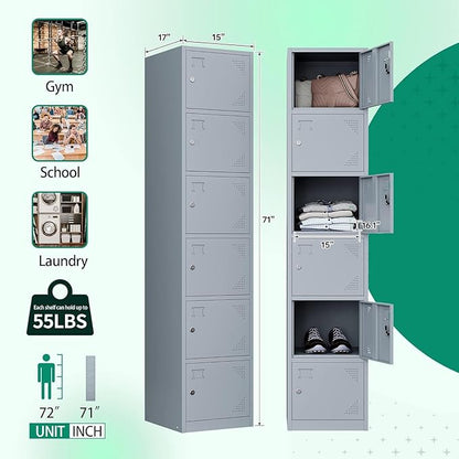 Letaya Metal Lockers for Employees,71" Steel Storage Cabinet with 6 Door Lockable for Office Staff,Home Sundries,Gym,School (Gray)
