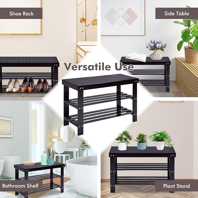 COSTWAY 3-Tier Shoe Rack Bench, Free Standing Wood Entryway Shoe Storage Organizer, Bamboo Storage Shelf for Shoes,Ideal for Home Entryway, Hallway