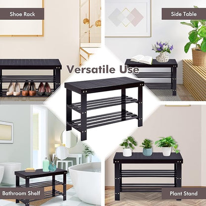 COSTWAY 3-Tier Shoe Rack Bench, Free Standing Wood Entryway Shoe Storage Organizer, Bamboo Storage Shelf for Shoes,Ideal for Home Entryway, Hallway