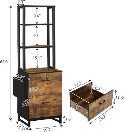 Itaar 2 Drawer File Cabinet with Lock, Filing Cabinet for Home Office fits Legal/Letter/A4 Size, Printer Stand with Adjustable Storage Shelf and Hook, Rustic Brown
