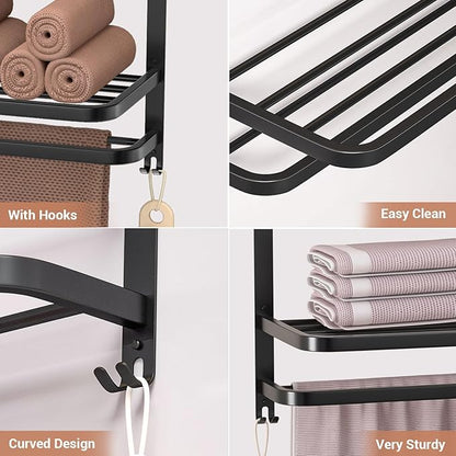 DDS-DUDES 23 Inch 3-Tier Black Towel Racks for Bathroom with Towel Bars Multilayer Hotel Towel Shelf Stainless Steel Wall-Mounted Matte Finished Holder with Towel Shelves
