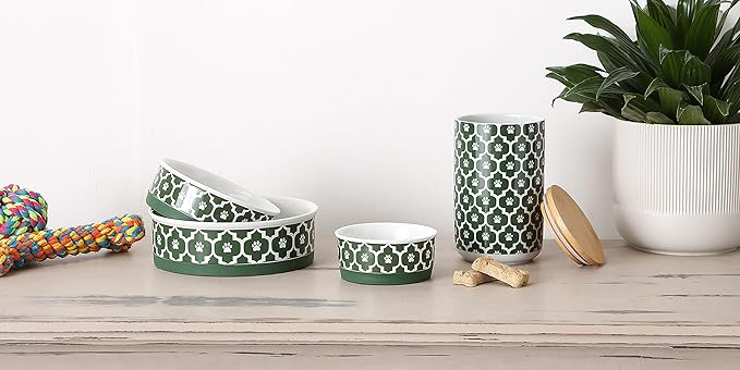 Bone Dry Lattice Collection Pet Bowl & Canister, Treat Canister, 4x6.5 inches, Hunter Green