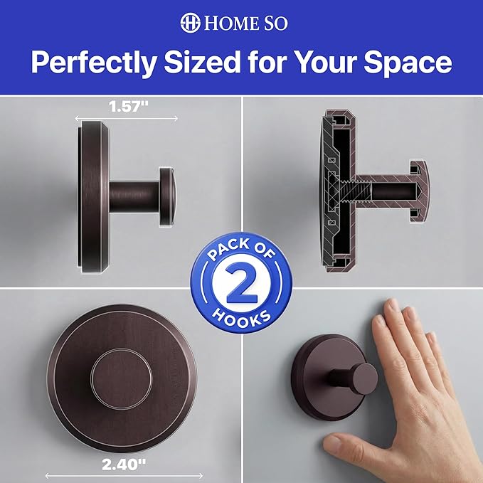 HOME SO Suction Cup Hooks for Shower & Bathroom Towel Holder 2-Pack – Suction Cups Hooks for Hanging Towels, Robes, & Coats - Tiles, Glass Door or Mirror – Shower Hooks & Towel Hooks Organizer -Bronze