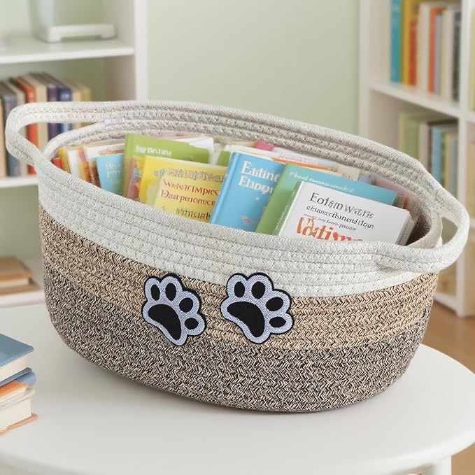 Small Woven Cotton Rope Nursery Organizer Bins, Dog Toy Basket Bins with Handle, Cute Empty Baby Gift Storage Baskets with Paw