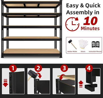2 Packs 48" W x 24" D x 72" H Adjustable Garage Storage Shelves - 5-Shelf Heavy Duty Shelving Unit, Metal Utility Storage Organizer Racks for Warehouse Pantry Closet Kitchen, Black