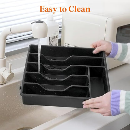 Lifewit Silverware Organizer with Lid, Covered Utensil Tray for Kitchen Drawer and Countertop, Plastic Cutlery and Flatware Storage Box for Spoons Forks Knives Holder Case, 12.6x11.8", Black
