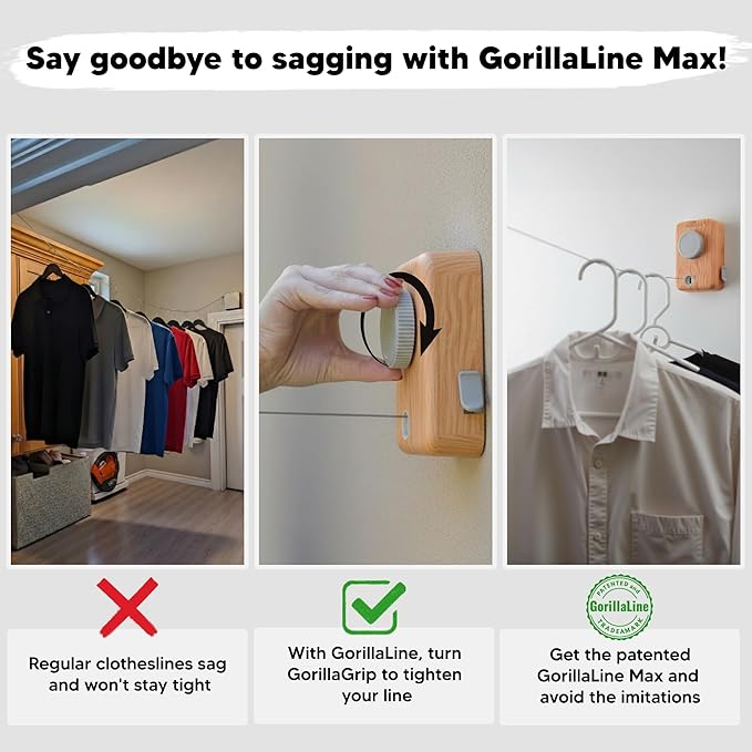 GorillaLine Max – Retractable Clothesline Indoor Outdoor, Non-Sagging Heavy Duty Clothes Drying Line, Wall Mounted Drying Rack, Air Dry Clothing, Max Tighten with GorillaGrip