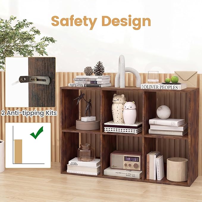 Giantex 6-Cube Bookcase, Cubby Bookshelf w/Back Guardrail & Anti-Tipping Kits, 9-Tier Freestanding Storage Organizer with Shelves, Open Back Display Rack for Living Room, Bedroom, Study, Rustic Brown