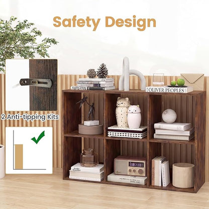 Giantex 6-Cube Bookcase, Cubby Bookshelf w/Back Guardrail & Anti-Tipping Kits, 9-Tier Freestanding Storage Organizer with Shelves, Open Back Display Rack for Living Room, Bedroom, Study, Rustic Brown