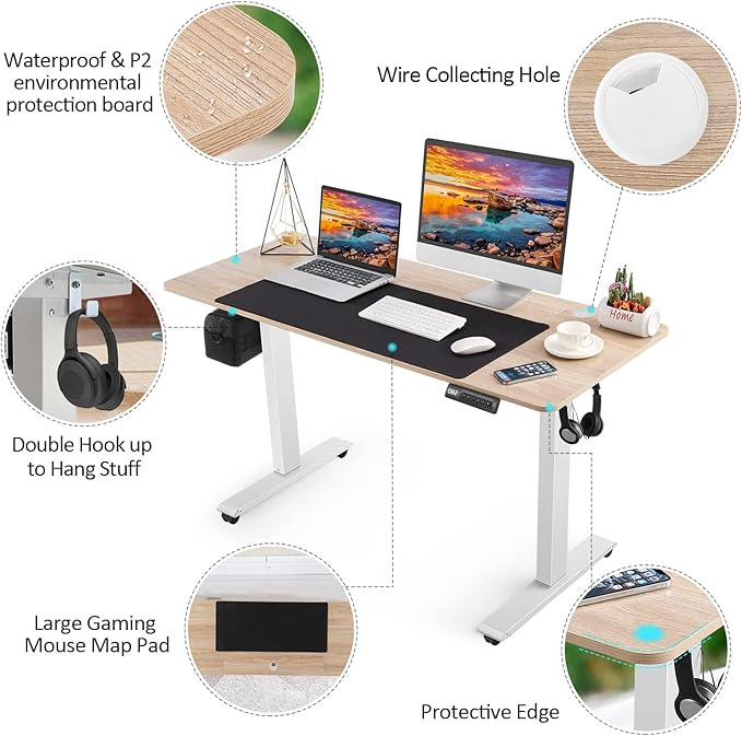 farexon Electric Standing Desk 63 x 24In with Outlets, Adjustable Height Stand up Desk with Large Mouse Pad, Double Hooks and 4 Wheels, 27''-46'' Lifting Range, Easy to Set for Home/Office(Oak)