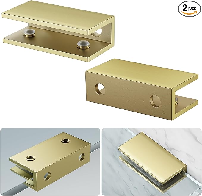 Ranbo 2 Pcs Frameless Glass Clamp Brackets for Shelf and Shower, Heavy Duty Wall Mount Rectangular Holders for 1/4" to 1/2" Panels, Matte Gold Finish Hardware