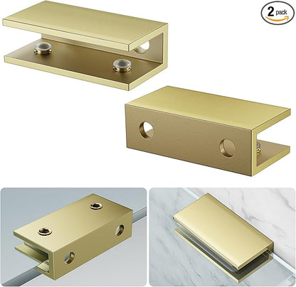 Ranbo 2 Pcs Frameless Glass Clamp Brackets for Shelf and Shower, Heavy Duty Wall Mount Rectangular Holders for 1/4" to 1/2" Panels, Matte Gold Finish Hardware