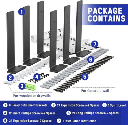 Goovilla Shelf Bracket, Heavy Duty Floating Shelf Brackets 12 inch Long, 6 Pack Brackets for Shelves, Black Coated Metal Wall Shelf Support Brackets with 1/5 Inch Thick and 160 lb. Load Capacity
