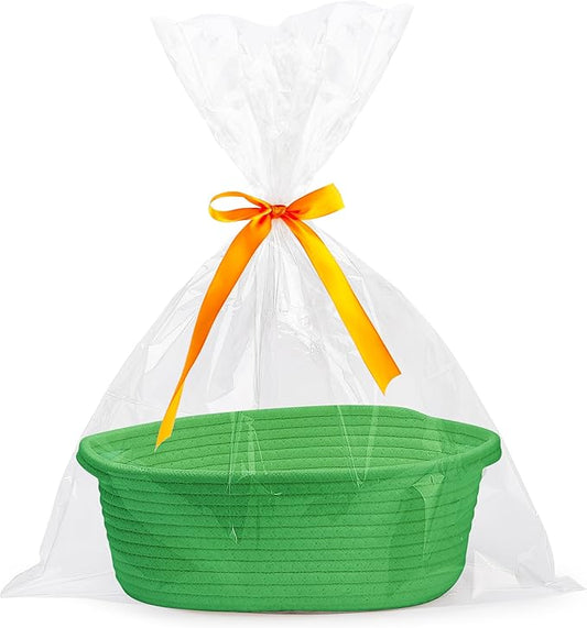 Pro Goleem Small Woven Basket with Gift Bags and Ribbons Durable Baskets for Gifts Empty Small Rope Basket for Storage 12"X 8" X 5" Baby Toy Basket with Handles, Grass Green