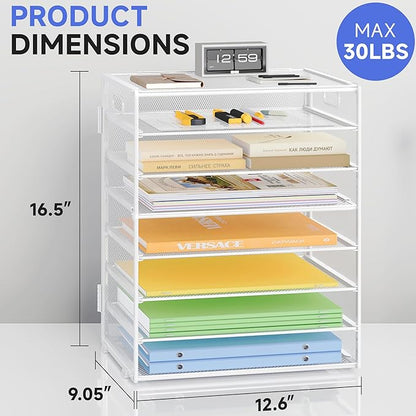 8 Tier Paper Organizer with Handle, Metal Mesh Desk File Organizer, Large Capacity Desk Organizers Paper Letter Tray Desktop Document Sorter for Office, Home or School - White