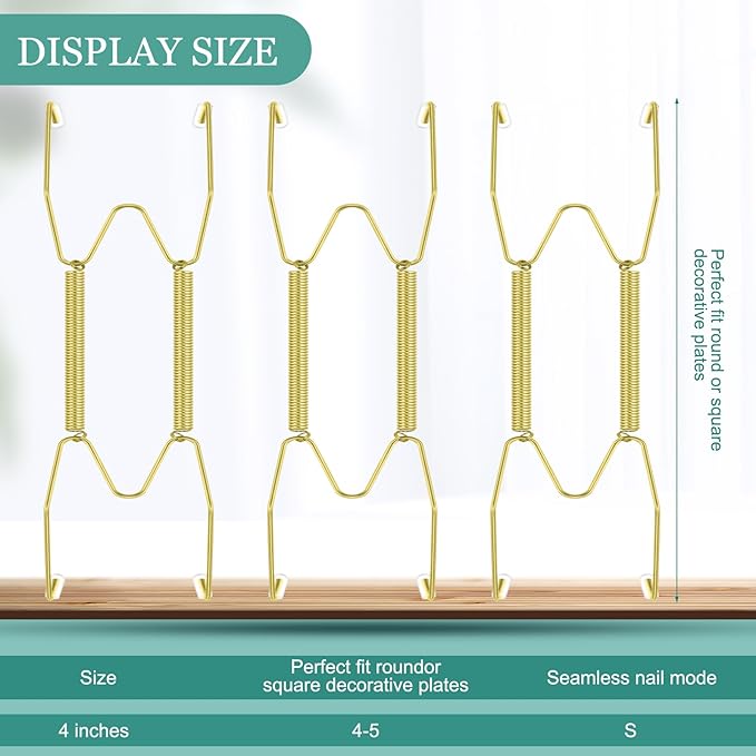 Hotop 12 Pieces Plate Hangers for Wall Stainless Steel Wire Invisible Heavy Duty Plate Hangers Display Holders with 12 Pieces Hooks for Wall Decorative(4-5 Inch,Gold)