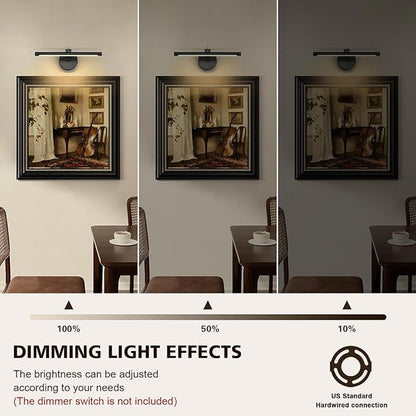 Hardwired Picture Light - Dimmable Adjustable Swing Arm Black Wall Lights for Pictures - 15.75 Inch Long LED Display Light for Artwork - 7W 3000K