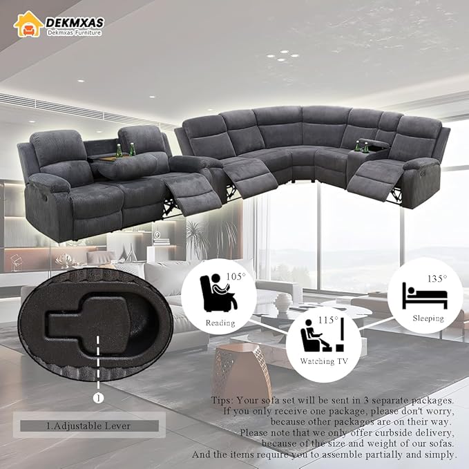 Corduroy Sectional Recliner Sofa Set with Drop-Down Table, Living Room Furniture, Grey Reclining Sectional Sofa Set and Loveseat with Cup Holder and Storage Console for Living Room, Office
