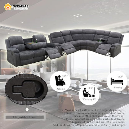 Corduroy Sectional Recliner Sofa Set with Drop-Down Table, Living Room Furniture, Grey Reclining Sectional Sofa Set and Loveseat with Cup Holder and Storage Console for Living Room, Office