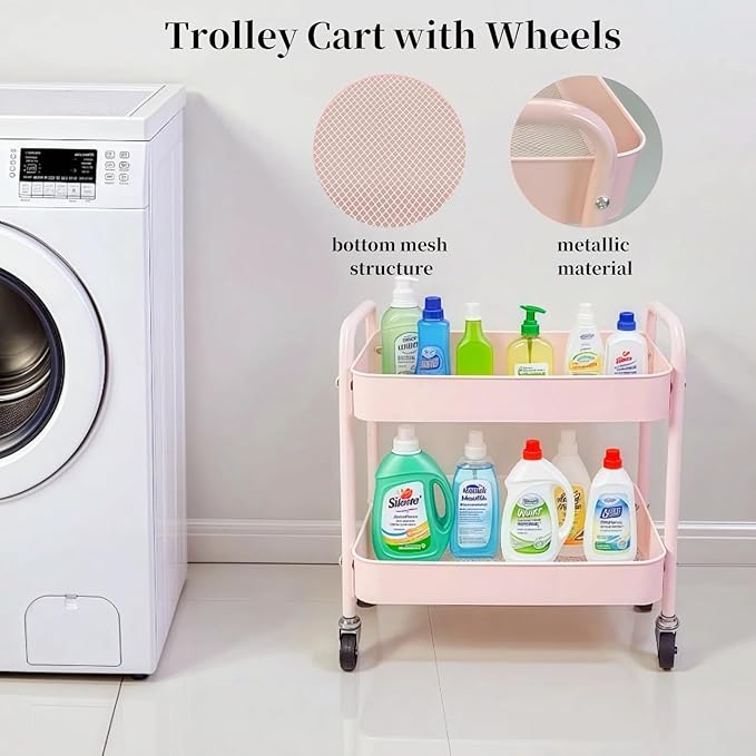 2 Tier Pink Rolling Cart with Wheels for Under Desk Storage, Large Capacity Rolling Pantry & Kitchen Storage Cart for Small Space, Sturdy Metal Bathroom Shelf Laundry Room Organization