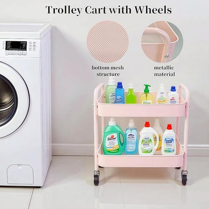 2 Tier Pink Rolling Cart with Wheels for Under Desk Storage, Large Capacity Rolling Pantry & Kitchen Storage Cart for Small Space, Sturdy Metal Bathroom Shelf Laundry Room Organization