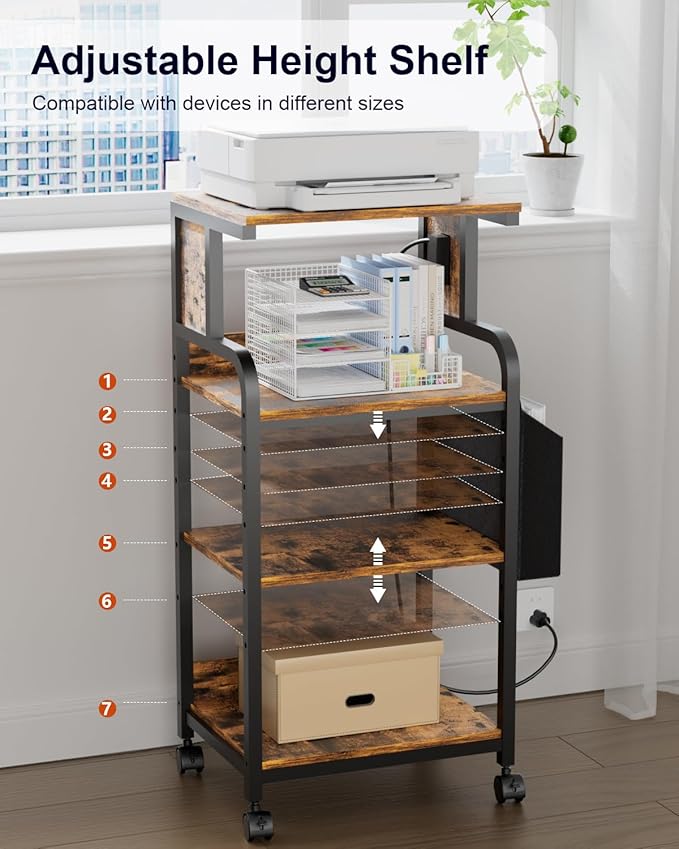 Tall Printer Stand with Storage Adjustable Shelf and Bag, 4-Tier Large Printer Table with Charging Station for Home Office, Printers Cart with Wheels for 3D Shredder Scanner Fax (Retro Brown)