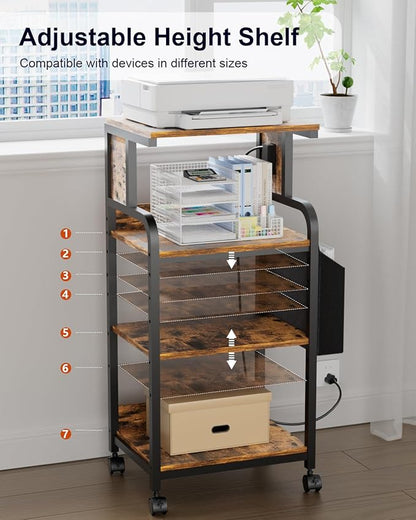 Tall Printer Stand with Storage Adjustable Shelf and Bag, 4-Tier Large Printer Table with Charging Station for Home Office, Printers Cart with Wheels for 3D Shredder Scanner Fax (Retro Brown)