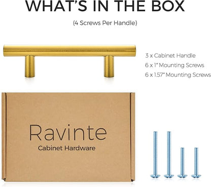 Ravinte 3 Pack | 5'' Cabinet Pulls Brushed Brass Stainless Steel Kitchen Drawer Pulls Cupboard Pulls Cabinet Handles 5”Length with 3” Hole Center