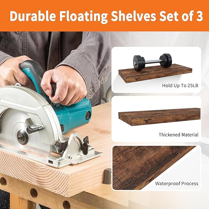 Floating Shelves for Wall Set of 3, 16" Rustic Brown Floating Shelves, Home Decor, Frame Display Wall Shelf for Bedroom, Kitchen, Bathroom, Living Room