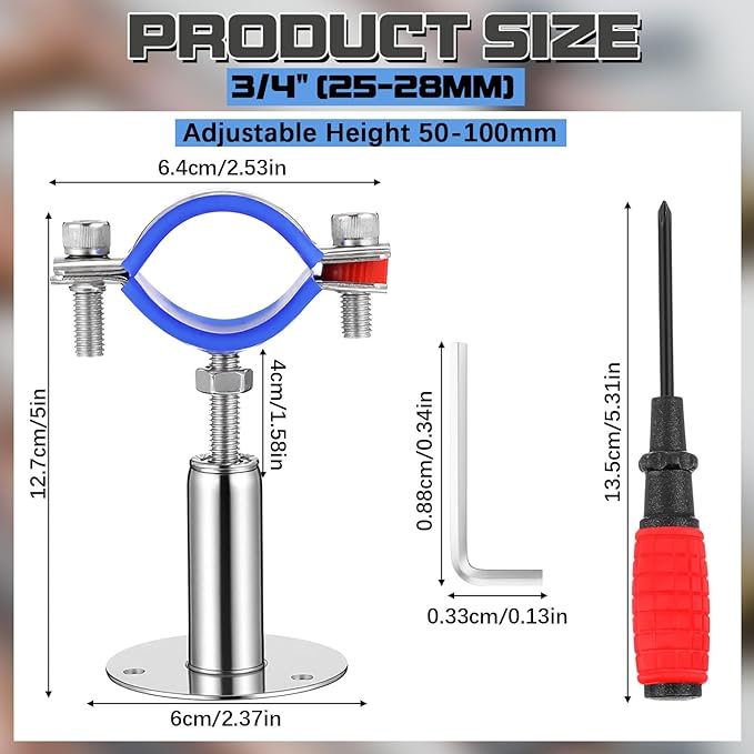 8 Pcs 304 Stainless Steel Wall Mount Ceiling Mount Pipe Supports Bracket, Suitable for OD 3/4"(25-28mm), Adjustable Height 50-100mm, Adjustable Pipe Strap Clamp with Screws and Screwdriver
