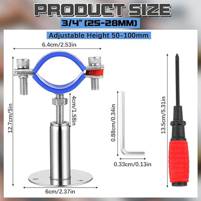 8 Pcs 304 Stainless Steel Wall Mount Ceiling Mount Pipe Supports Bracket, Suitable for OD 3/4"(25-28mm), Adjustable Height 50-100mm, Adjustable Pipe Strap Clamp with Screws and Screwdriver