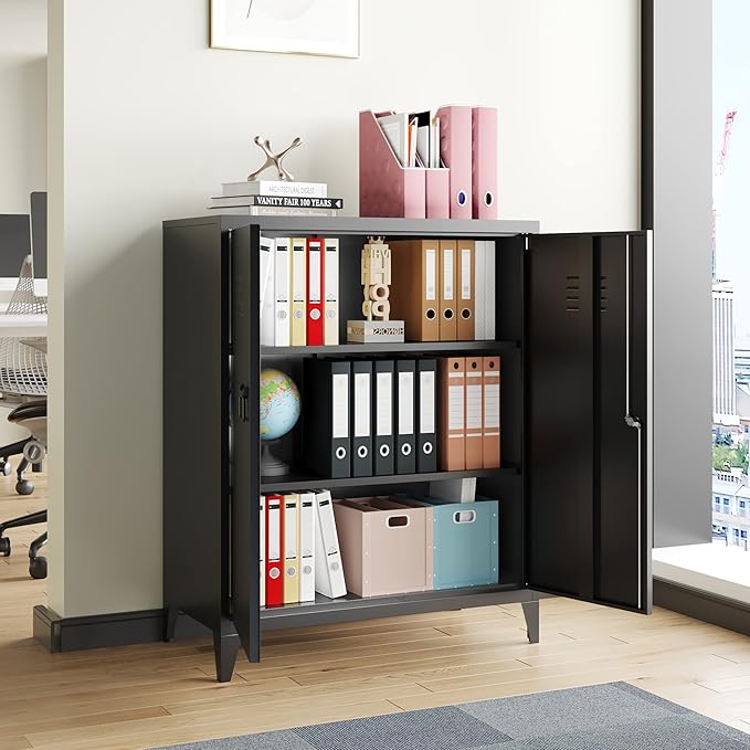 Metal Storage Cabinet with Lock, Locking Cabinets with 2 Doors and Shelves, Lockable Steel Locker Cupboard, Small Sideboard Buffet Cabinet for Home Office