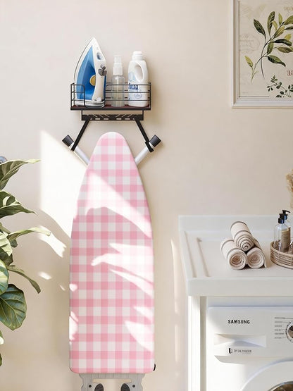 THYGIFTREE Ironing Board Hanger Wall Mount Adjustable Hooks Fits T & Y Shaped Boards, Iron Holder Metal Frame with Wood Shelf for Laundry Room Organization, Holds Iron, Steamer & Accessories