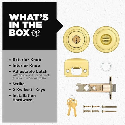 Kwikset Tylo Entry Door Knob with Lock and Key, Secure Keyed Handle Exterior Doorlock, Doorknob For Front Entrance and Bedrooms in Polished Brass