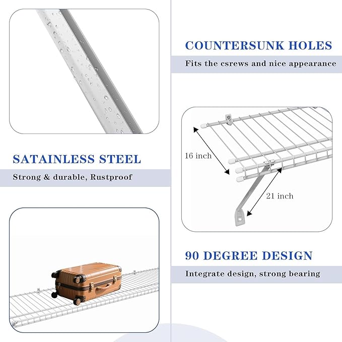 12 Inch Wire Shelf Brackets Set - Heavy Duty Steel Shelf Support Kit (3 Brackets + 6 Clips + 2 Ends) for Closet, Wall Mounted Storage Rack
