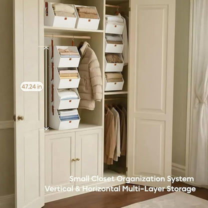 Hanging Closet Organizer 4 Tier - Clothes Hanging Shelves, Space-Saving Closet System, Fabric Storage Bins Bedroom Organization, Collapsible Baskets for Home, Dorm, Rv, White, 8 Pack