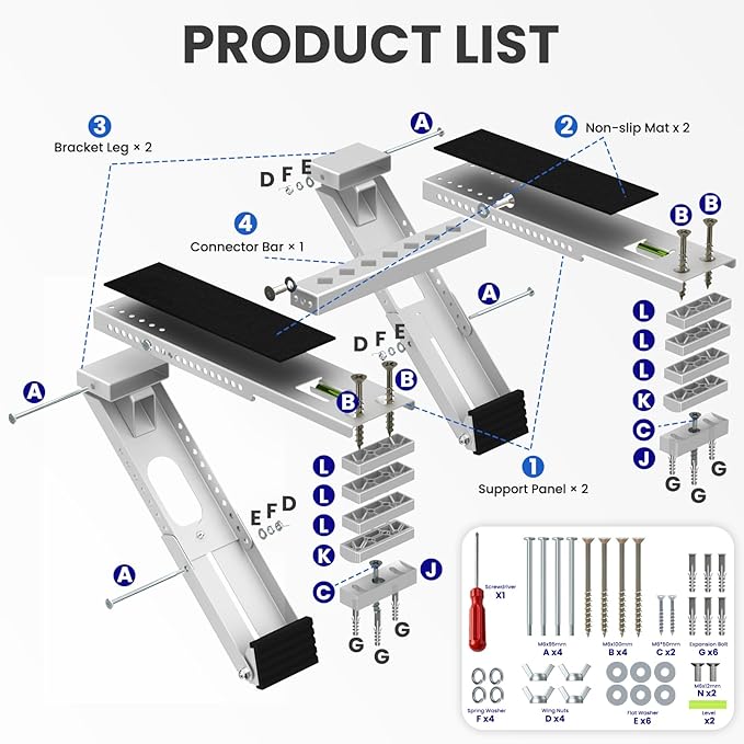 Air Conditioner Support Bracket: Heavy Duty with 2 Arms, Up to 220 lbs, Universal Window Units for 5,000 to 24,000 BTU, Anti-Slip AC Window Bracket with Level Indicator