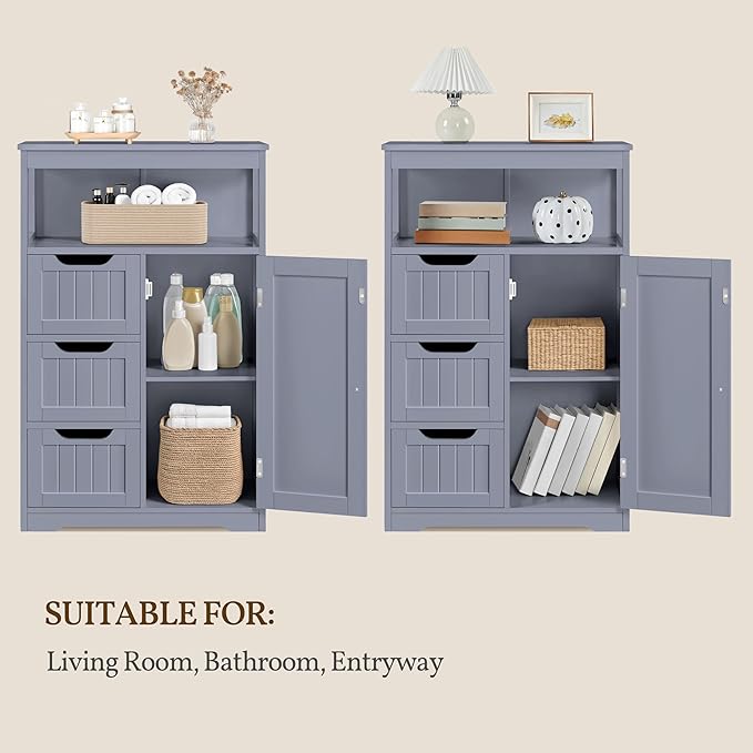 Yaheetech Bathroom Storage Cabinet, Wooden Bathroom Floor Cabinet with 1 Door and 3 Drawers, Free-Standing Storage Unit for Kitchen/Living Room/Entryway, Gray