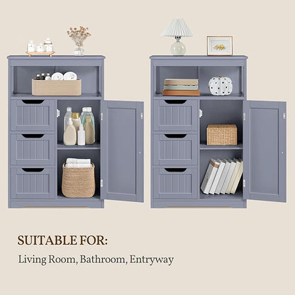 Yaheetech Bathroom Storage Cabinet, Wooden Bathroom Floor Cabinet with 1 Door and 3 Drawers, Free-Standing Storage Unit for Kitchen/Living Room/Entryway, Gray