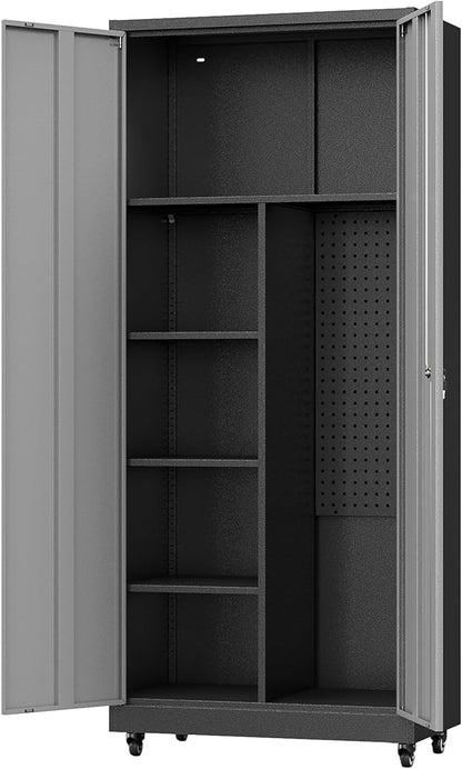 Metal Garage Storage Cabinet with Locking Doors and Adjustable Shelves, Rolling Tool Storage on Wheels - Black Gray
