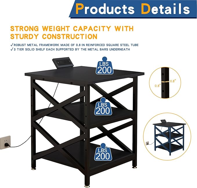 Large Printer Stand with Power Outlet, with Height Adjustable Storage Shelf, 3 Tier Rolling Printer Cart with Industrial Wheels, 23.6 x 23.6 Inches Printer Table for Home Office,Black