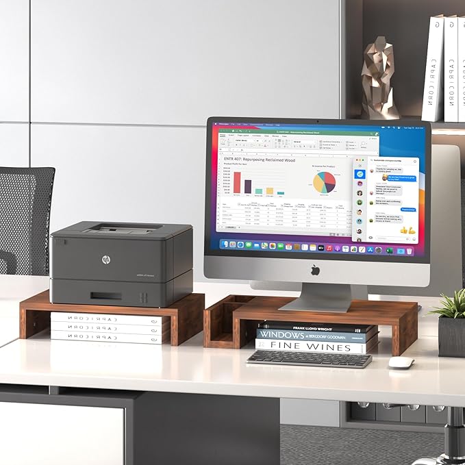 Wood Dual Monitor Stand Riser for Desk, 30" Long Monitor Riser with Pen Holders, Desktop Storage Organizer for 2 Monitors, Computer, Laptop, PC, Printer, TV, Rustic Brown (Dual)