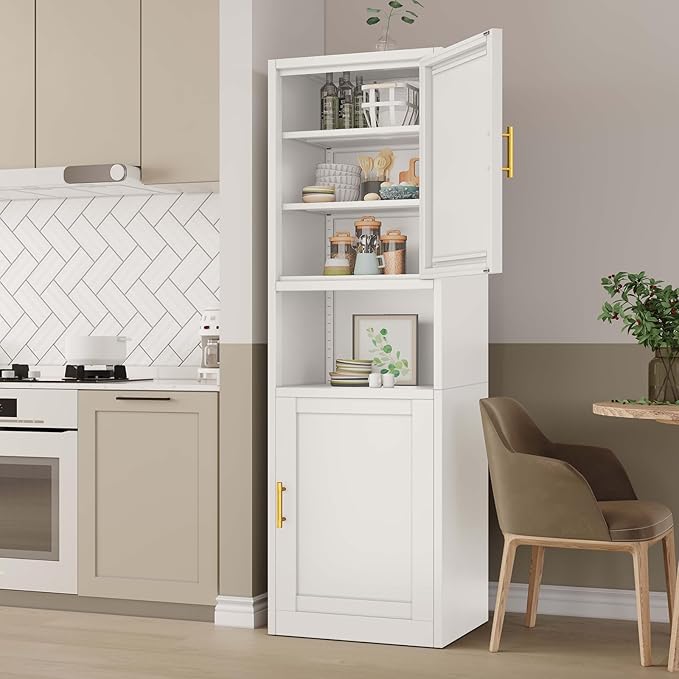 67" Tall Narrow Storage Cabinet Metal Bathroom Cabinet with 2 Doors & 4 Adjustable Shelves, Standing Pantry Cabinets Cupboard for Kitchen, Dining Room, Living Room and Bathroom (White)