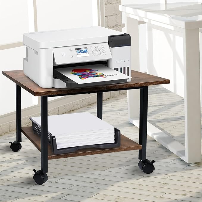 Printer Stand with Storage Shelf, Small Printer Stand for Desk Office Home, Under Desk Printer Table with Rolling Wheels, Heavy Duty Mobile Machine Cart with Shelf, Rustic Brown